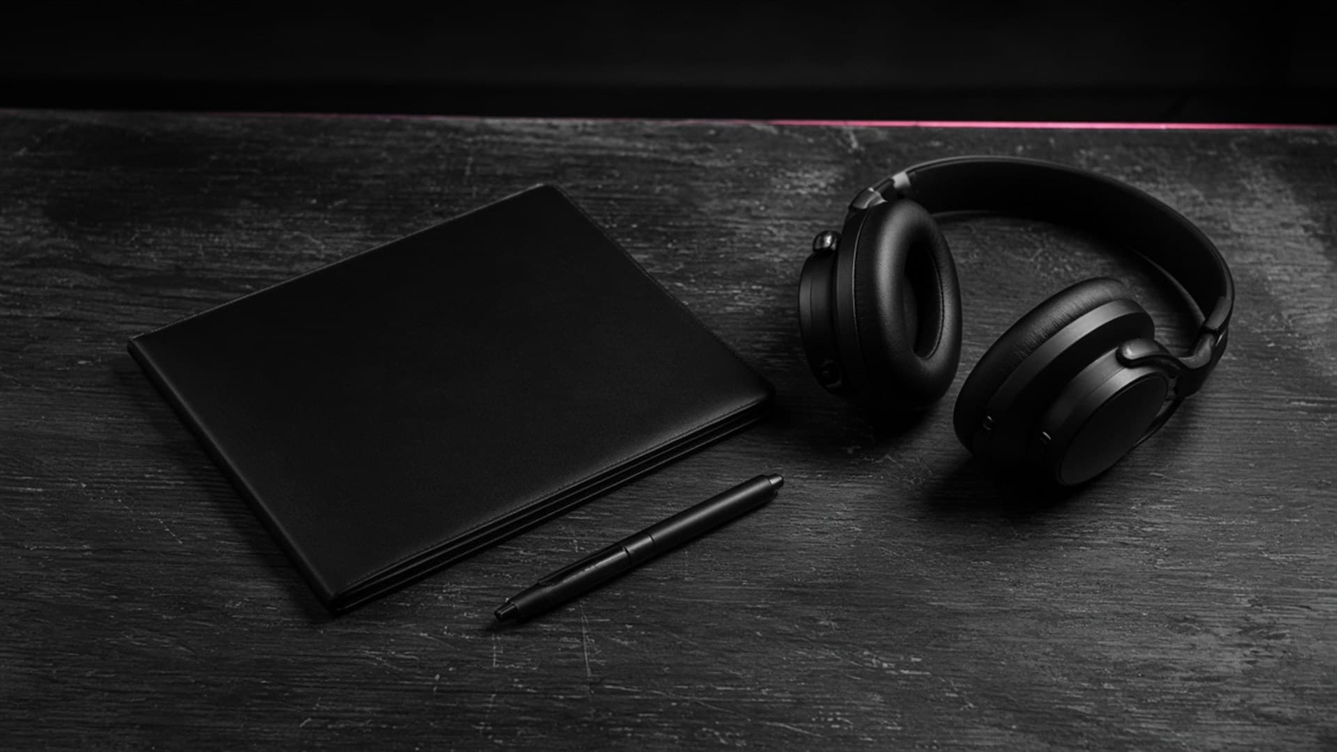 A closed folder, a pen and studio headphones on a dark table.